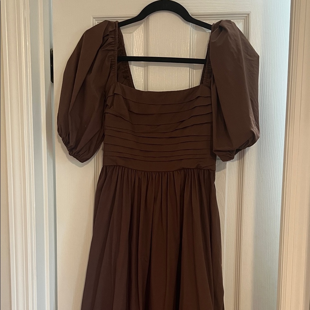 Abercrombie & Fitch Emerson Poplin Puff Sleeve Brown Midi Dress